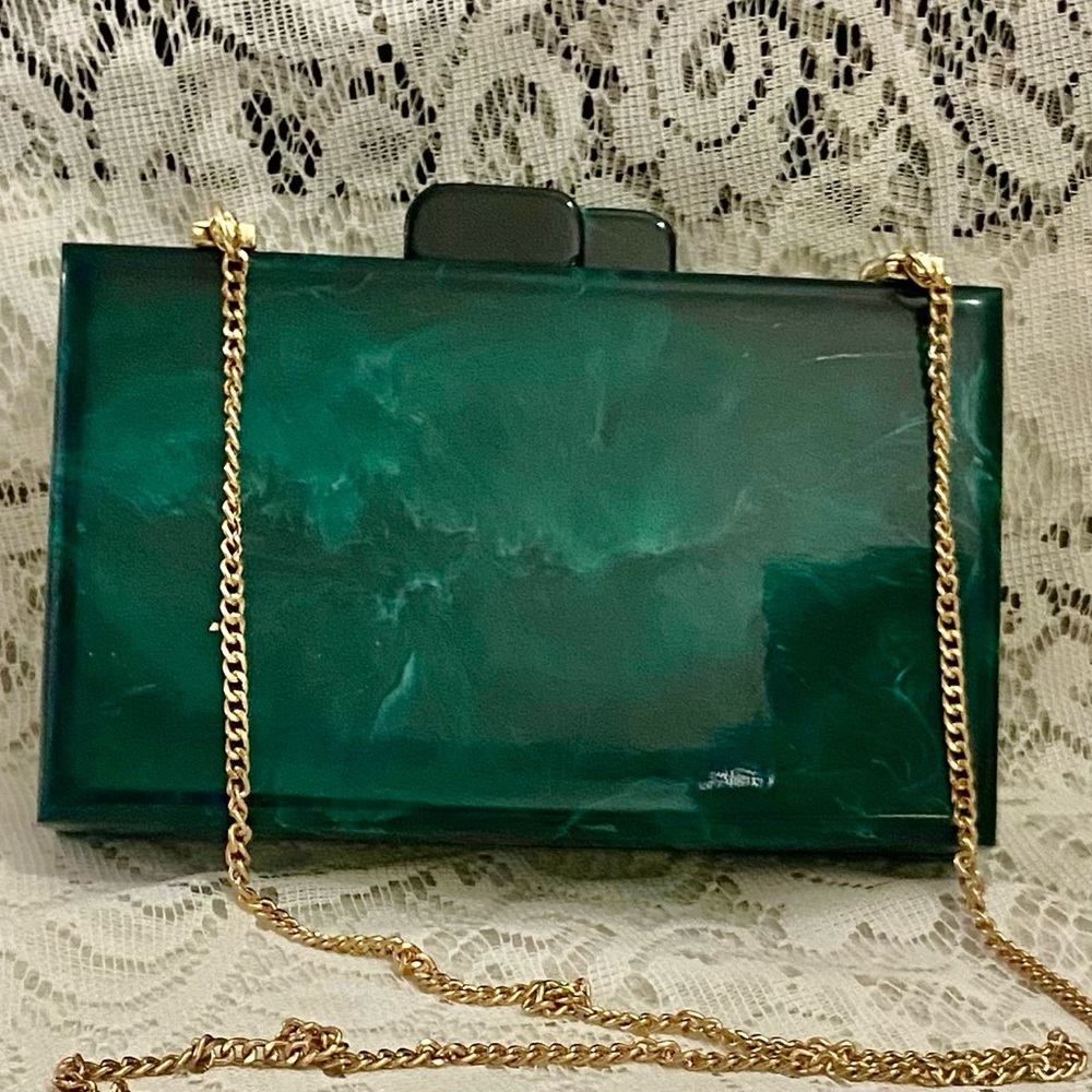 Antique-Art Deco Elegant Teal Green Lucite Clutch-Crossbody 7.5in x 4.5in x 1.5